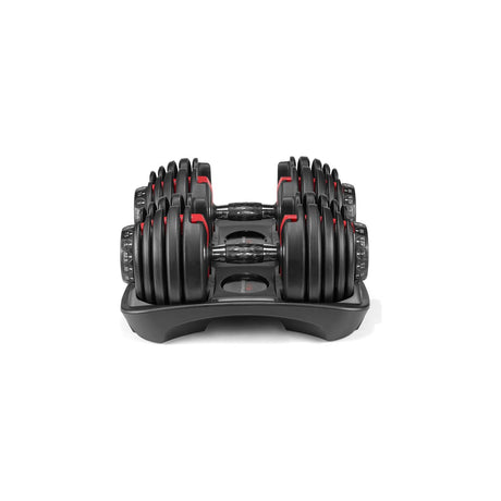 Bowflex SelectTech 552 Adjustable Dumbbells, 5 to 52.5 lb, Pair — A pair of Bowflex SelectTech 552 adjustable dumbbells resting in their base trays, weight dials visible on the ends