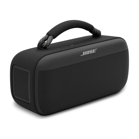 Bose SoundLink Max Portable Bluetooth Speaker, Waterproof, 20-Hour Battery — Bose SoundLink Max portable Bluetooth speaker in black, front three-quarter view showing the perforated grille and the braided rope handle