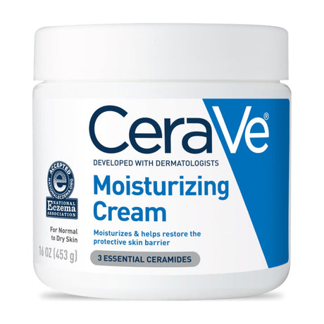 CeraVe Moisturizing Cream, Face & Body Moisturizer for Dry Skin, 19 oz — CeraVe Moisturizing Cream 19 oz white tub with blue label, front view, lid on, on a white background
