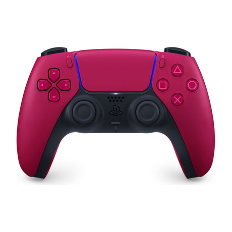 Sony DualSense Wireless Controller for PlayStation 5, Cosmic Red — Sony DualSense wireless controller in Cosmic Red with black trim, photographed face-on from above on a plain background