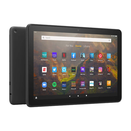 Amazon Fire HD 10 Tablet, 10.1" Full HD, Octa-Core, 3GB RAM, 32GB, Black — Amazon Fire HD 10 tablet in black, front view held at a slight angle with the home screen on, plain background