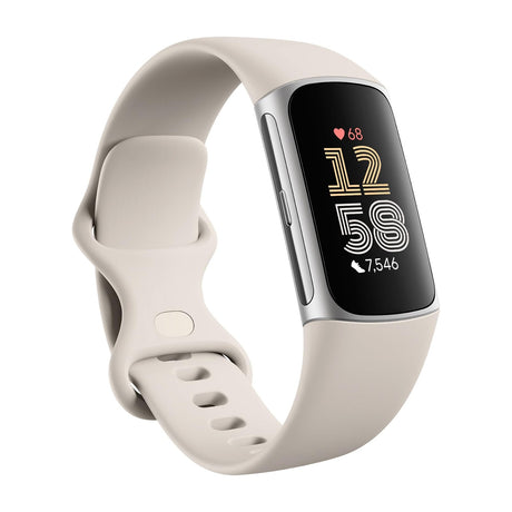 Fitbit Charge 6 Fitness Tracker with Built-in GPS and Heart Rate — Fitbit Charge 6 fitness tracker shown at an angle with the color AMOLED screen lit, band curved as if worn