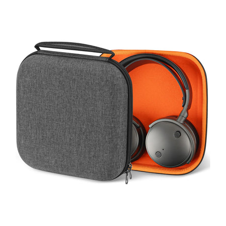 Geekria Shield Hard Shell Travel Case for Over-Ear Headphones with Cable Storage — Geekria Shield black hard shell headphone case shown open with over-ear headphones folded inside and the mesh lid pocket visible