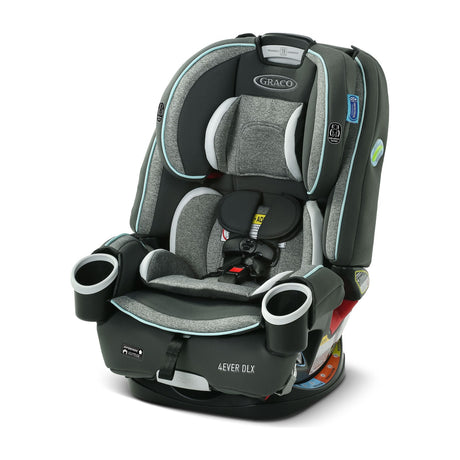 Graco 4Ever DLX 4-in-1 Convertible Car Seat, Rear-Facing to Booster, 4-120 lb — Graco 4Ever DLX convertible car seat, three-quarter front view in forward-facing harness mode with the headrest raised