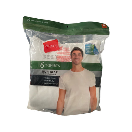 Hanes Men's ComfortSoft Crewneck T-Shirt Undershirts, Tagless, 6-Pack — A stack of folded plain white Hanes crewneck T-shirts with the six-pack packaging beside them