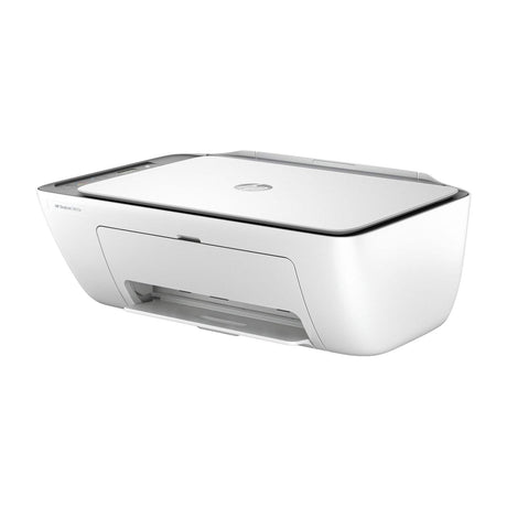 HP DeskJet 2855e Wireless All-in-One Color Inkjet Printer, Print Scan Copy, White — HP DeskJet 2855e all-in-one printer in white, front three-quarter view with the paper tray extended