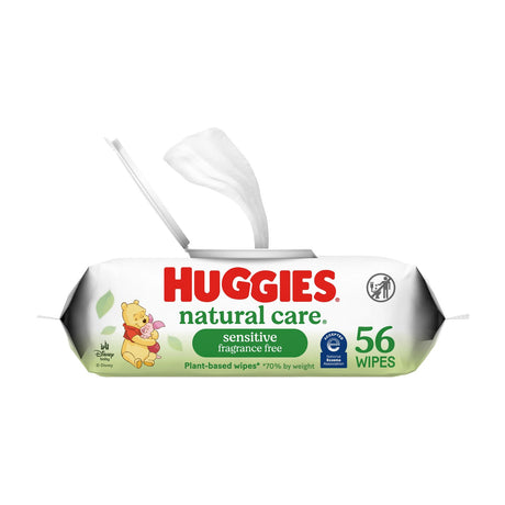 Huggies Natural Care Sensitive Baby Wipes, Unscented, 6 Flip-Top Packs, 288 Count — Huggies Natural Care Sensitive baby wipes multipack, white and blue flip-top packs stacked with the front label facing the camera