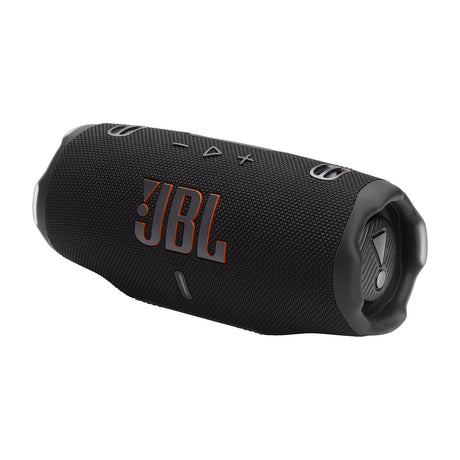 JBL Charge 6 Portable Bluetooth Speaker with Powerbank, IP68, 28-Hour Playtime — JBL Charge 6 cylindrical portable Bluetooth speaker in black shown from the front, resting on its rubber feet with the JBL logo visible