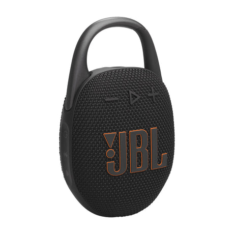 JBL Clip 5 Ultra-Portable Waterproof Bluetooth Speaker with Carabiner — JBL Clip 5 ultra-portable Bluetooth speaker in black, front view with the integrated oval carabiner arching over the top of the speaker