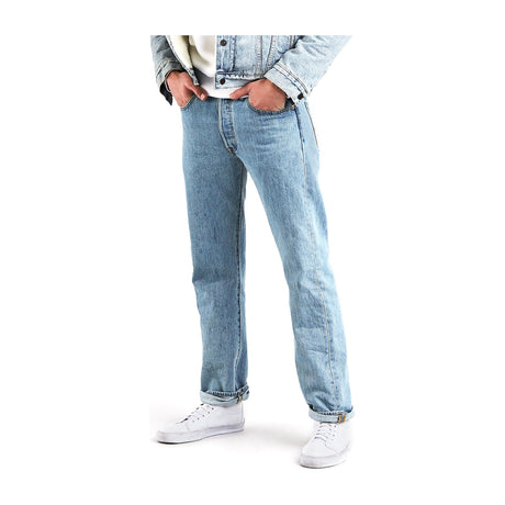 Levi's 501 Original Fit Men's Jeans, Straight Leg, Button Fly, 100% Cotton — A pair of Levi's 501 Original Fit blue jeans laid flat, front view, showing the button fly, five-pocket front and leather waist patch