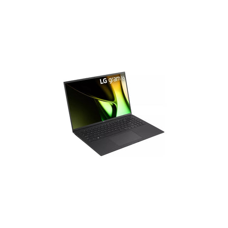LG gram 16" Laptop, Intel Core Ultra 7 155H, 16GB LPDDR5X, 512GB SSD, Windows 11 — LG gram 16 laptop in black, open at an angle on a plain surface showing the keyboard with number pad and the 16-inch matte screen