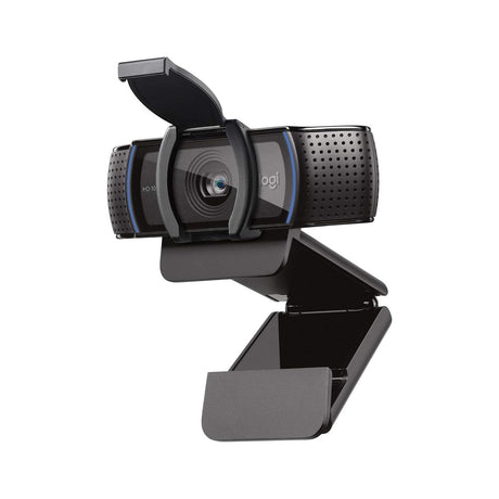Logitech C920s HD Pro Webcam, 1080p 30fps with Privacy Shutter — Logitech C920s HD Pro webcam in black on its folding monitor clip, front three-quarter view with the privacy shutter open, on a plain background