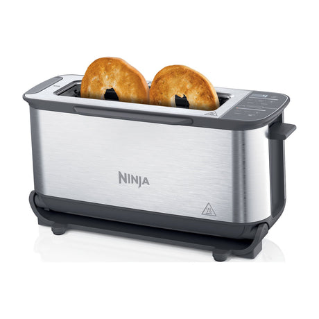Ninja Foodi 2-in-1 Flip Toaster & Compact Toaster Oven, 2-Slice, ST101 — Ninja ST101 Foodi flip toaster in stainless steel, shown upright in toaster mode with the digital control panel visible