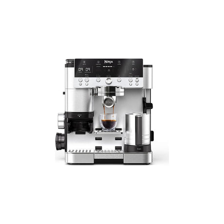 Ninja Luxe Cafe Premier 3-in-1 Espresso, Drip & Cold Brew Machine, ES601 — Ninja Luxe Cafe Premier ES601 espresso machine in stainless steel, front view with the portafilter in the group head and the bean hopper on top