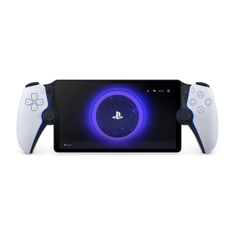 Sony PlayStation Portal Remote Player for PS5, 8-inch 1080p Handheld — Sony PlayStation Portal handheld held flat, front view showing the 8-inch screen between the two white DualSense controller halves