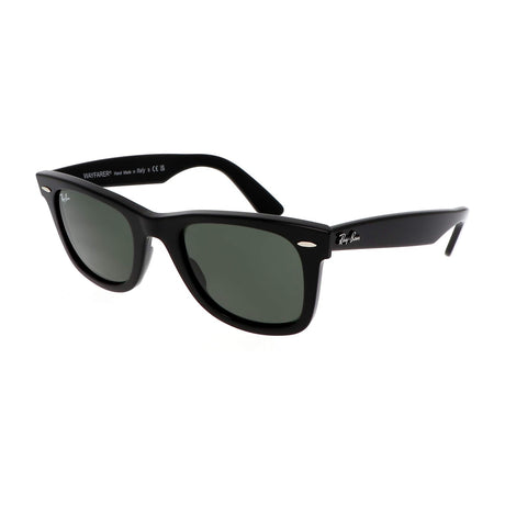 Ray-Ban Original Wayfarer Classic RB2140 Sunglasses, Acetate, G-15 Lenses — Ray-Ban Original Wayfarer RB2140 sunglasses in black acetate with green G-15 lenses, front three-quarter view with the temples open