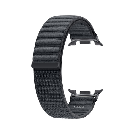 Samsung Fabric Band for Galaxy Watch8 and Galaxy Watch8 Classic — Samsung Fabric Band for Galaxy Watch8 in graphite woven nylon with the hook-and-loop closure, laid flat or coiled on a plain background