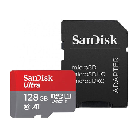 SanDisk Ultra 128GB microSDXC UHS-I Memory Card with SD Adapter — SanDisk Ultra 128GB microSDXC card in red and grey, shown next to its full-size SD adapter