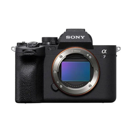 Sony Alpha 7 IV Full-Frame Mirrorless Camera, 33MP, Body Only, ILCE-7M4 — Sony Alpha 7 IV mirrorless camera body without a lens, three-quarter front view on a plain background