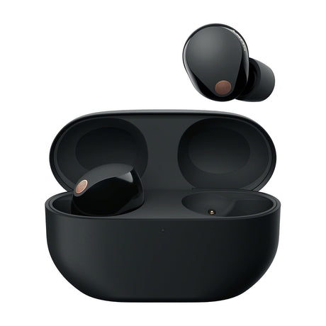 Sony WF-1000XM5 Wireless Noise Canceling Earbuds — Sony WF-1000XM5 black earbuds beside their open matte charging case, front view on a plain background
