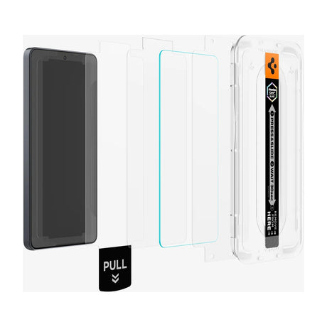 Spigen Glas.tR EZ Fit Tempered Glass Screen Protector for Galaxy S26 Ultra, 2-Pack — Spigen Glas.tR EZ Fit tempered glass screen protector two-pack with its auto-align tray and retail box, laid flat on a plain background