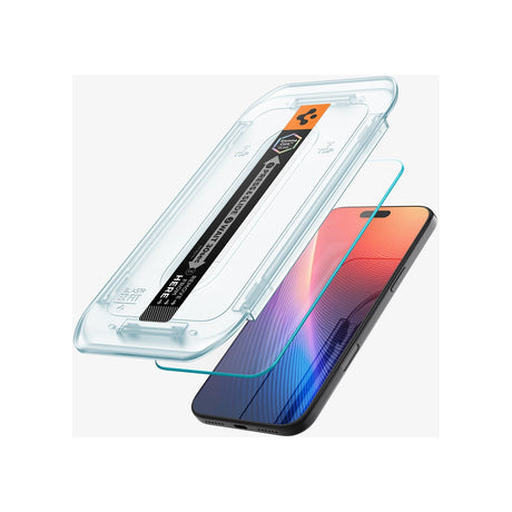 Spigen GlasTR EZ Fit Screen Protector 2-Pack for iPhone 17 Pro Max — Spigen GlasTR EZ Fit tempered glass screen protector with its black plastic auto-align tray and install kit, laid flat on a white background