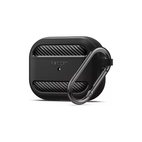 Spigen Rugged Armor Case for AirPods Pro 3, Matte Black with Carabiner — Spigen Rugged Armor matte black TPU cover fitted to an AirPods Pro charging case, front three-quarter view with the metal carabiner clipped on, plain background