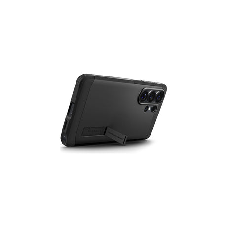 Spigen Tough Armor MagFit Case for Galaxy S26 Ultra, Kickstand, Military-Grade Protection — Spigen Tough Armor MagFit case for Galaxy S26 Ultra in black, rear three-quarter view with the kickstand folded out, on a plain background