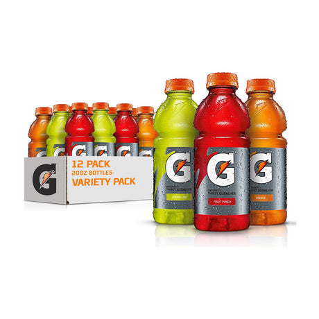 Gatorade Thirst Quencher Variety Pack, 12 fl oz Bottles, 12 Ct — A 12-count cardboard case of Gatorade Thirst Quencher 12 fl oz bottles, front of the case facing camera