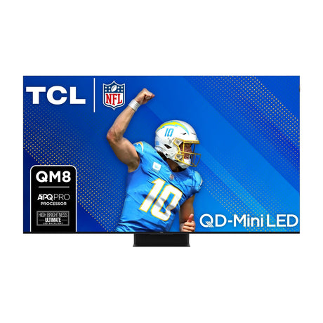 TCL 75" Class QM8 Series QD-Mini LED 4K Google TV, 75QM851G — TCL QM8 series 75-inch QD-Mini LED television, front view on its stand with the screen off