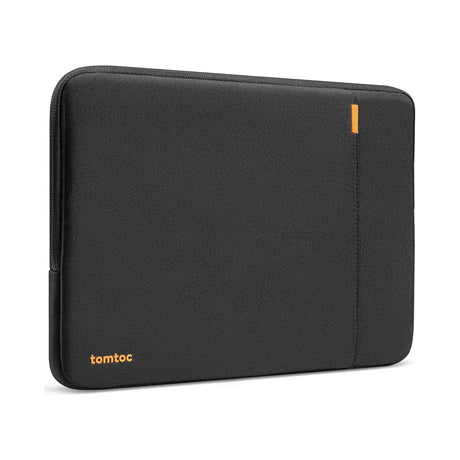 tomtoc 360 Protective Laptop Sleeve for 14-inch MacBook Pro, Water-Resistant — tomtoc 360 protective laptop sleeve in black, zipped shut with the front pocket visible, angled front view