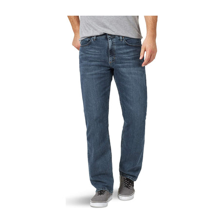 Wrangler Men's Relaxed Fit Jeans with Comfort Flex Waistband — A pair of dark wash Wrangler relaxed fit men's jeans laid flat or on a hanger, front view showing the five-pocket styling and leather waist patch
