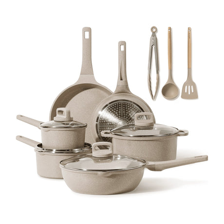 ComBuy Home 12-Piece Ceramic Nonstick Cookware Set — A full 12-piece ceramic nonstick cookware set arranged together: fry pans, saucepans with glass lids, a Dutch oven and three nylon utensils