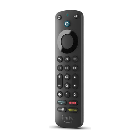 Amazon Alexa Voice Remote Pro for Fire TV, Backlit Buttons and Remote Finder — Amazon Alexa Voice Remote Pro, black Fire TV remote shown face-on with its button layout visible, on a plain background