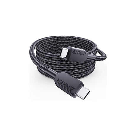 Anker 310 USB-C to USB-C Cable, 60W Fast Charging, Braided, 6 ft — Black braided Anker 310 USB-C to USB-C cable coiled flat, both USB-C connectors visible