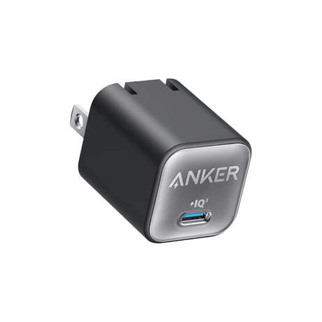 Anker Nano Charger, 30W USB-C GaN Wall Charger with Foldable Plug — Anker Nano 30W USB-C wall charger, small cube with the plug folded out, front three-quarter view on a white background