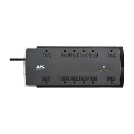 APC SurgeArrest P12U2 Surge Protector, 12 Outlets, 2 USB Ports, 4,320 Joules, 6 ft Cord — APC SurgeArrest P12U2 surge protector, a long black power strip photographed from above showing all twelve outlets, the two USB ports and the status LEDs, on a plain