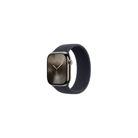 Apple Watch Braided Solo Loop Band, 46mm, Stretchable Recycled Yarn, Black — Apple Watch Braided Solo Loop band in black, shown as a closed continuous loop with the woven texture visible, on a plain white background