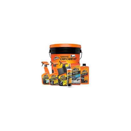 Armor All Car Cleaning Kit, 8-Piece Interior and Exterior Detailing Set — Armor All 8-piece car cleaning kit with its bottles, sponge and microfiber towels arranged beside the printed box