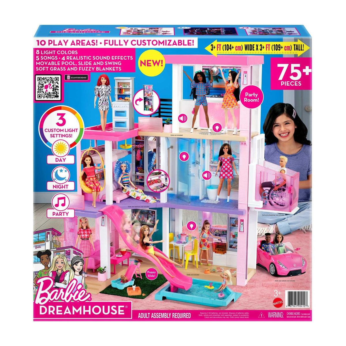Barbie Dreamhouse Playset, 3 Stories with Pool, Slide and Elevator, 75+ Pieces — Fully assembled pink Barbie Dreamhouse, three stories with pool and slide, front view on a white background