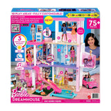 Barbie Dreamhouse Playset, 3 Stories with Pool, Slide and Elevator, 75+ Pieces — Fully assembled pink Barbie Dreamhouse, three stories with pool and slide, front view on a white background