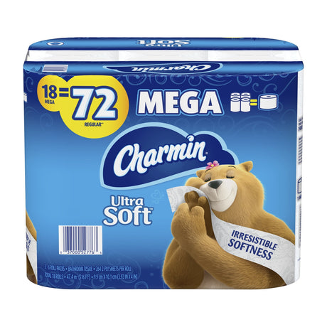 Charmin Ultra Soft Toilet Paper, 2-Ply, 18 Mega Rolls — Charmin Ultra Soft 18 Mega Roll package, blue plastic wrap with the Charmin bear, front view on white
