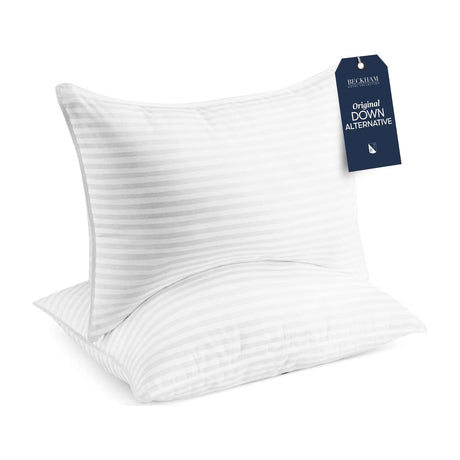 Beckham Hotel Collection Bed Pillows, Standard/Queen, Down Alternative, 2-Pack — Two white Beckham Hotel Collection bed pillows stacked, showing the piped cotton cover