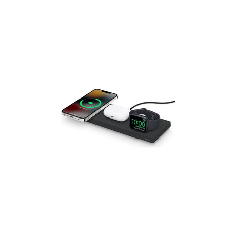 Belkin BoostCharge Pro 3-in-1 Wireless Charging Pad with MagSafe 15W — Belkin BoostCharge Pro 3-in-1 charging pad in black, with the MagSafe puck, raised Apple Watch arm and front AirPods pad visible, three-quarter view on a white background