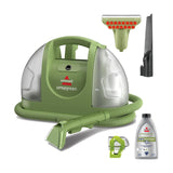 BISSELL Little Green Multi-Purpose Portable Carpet and Upholstery Cleaner 1400B — BISSELL Little Green 1400B portable carpet cleaner in green and grey with its hose and Tough Stain Tool attached, three-quarter view on a plain background