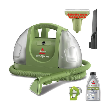 BISSELL Little Green Multi-Purpose Portable Carpet and Upholstery Cleaner 1400B — BISSELL Little Green 1400B portable carpet cleaner in green and grey with its hose and Tough Stain Tool attached, three-quarter view on a plain background
