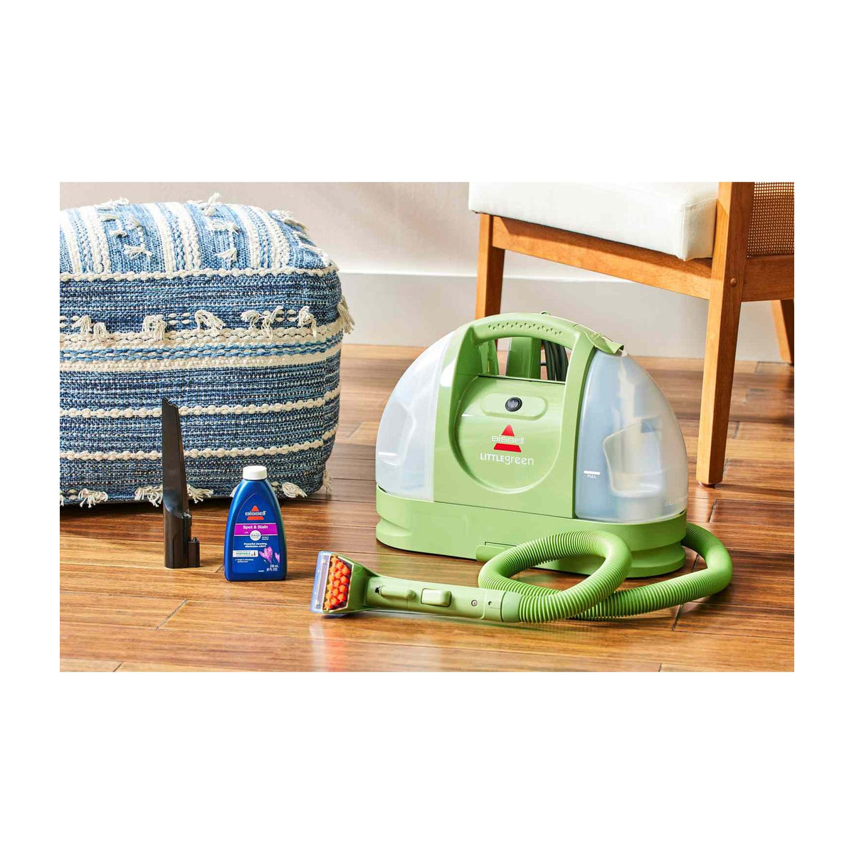 BISSELL Little Green Multi-Purpose Portable Carpet and Upholstery Cleaner 1400B — BISSELL Little Green 1400B portable carpet cleaner in green and grey with its hose and Tough Stain Tool attached, three-quarter view on a plain background