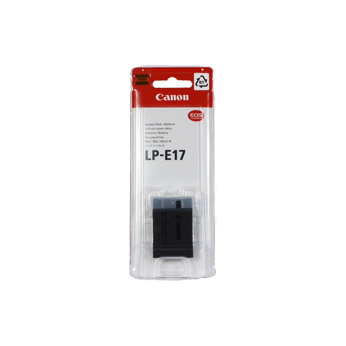 Canon LP-E17 Rechargeable Lithium-Ion Battery Pack, 1040mAh, 7.2V — Canon LP-E17 black camera battery pack with the white Canon label, three-quarter view on a plain background
