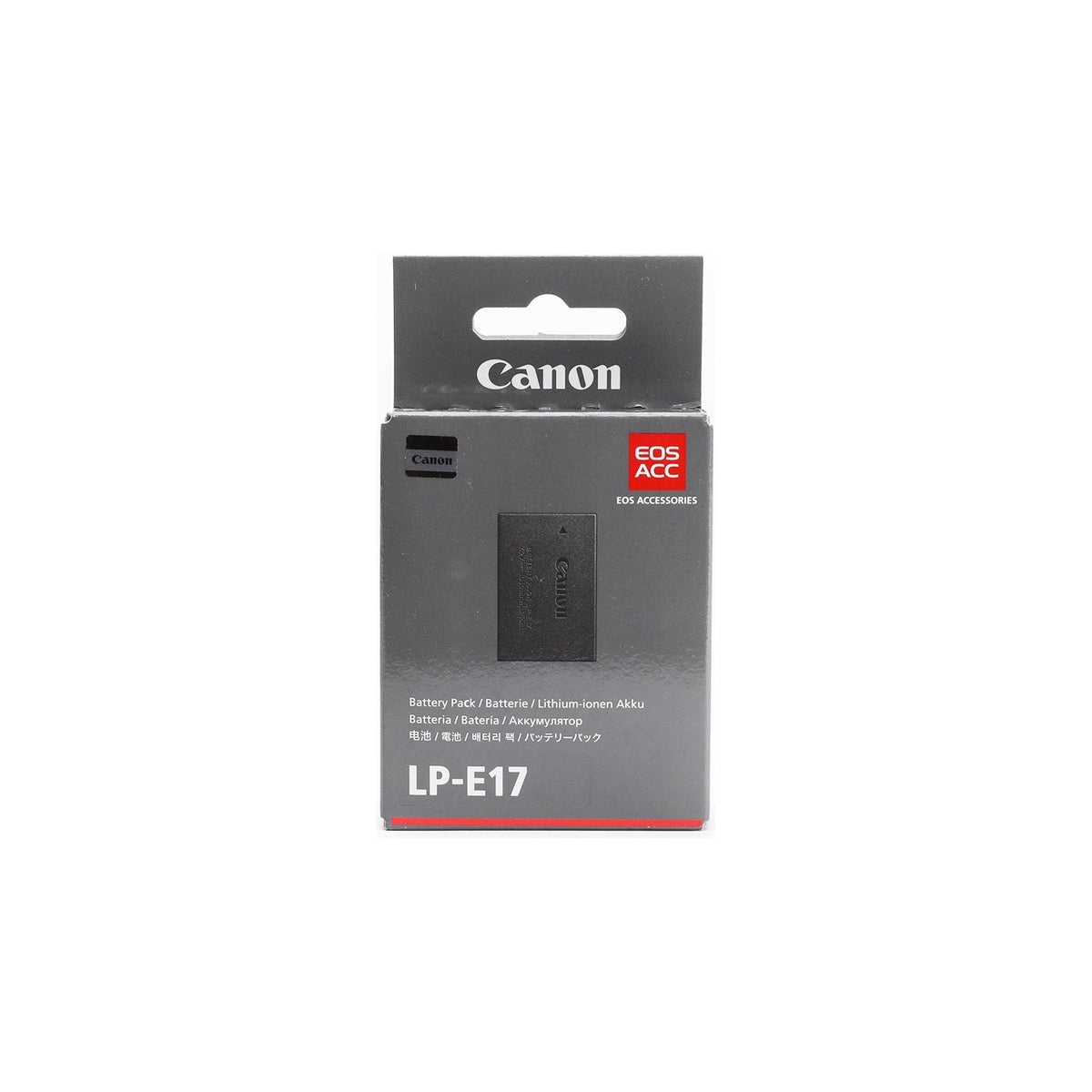 Canon LP-E17 Rechargeable Lithium-Ion Battery Pack, 1040mAh, 7.2V — Canon LP-E17 black camera battery pack with the white Canon label, three-quarter view on a plain background