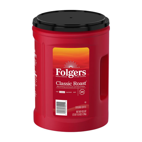 Folgers Classic Roast Ground Coffee, Medium Roast, 43.5 oz Canister — Large red Folgers Classic Roast ground coffee canister, front label facing the camera